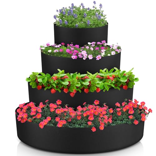 Ninehaoou 4 Pcs Tiered Strawberry Planter Fabric Raised Garden Planting Beds Heavy Duty Plant Grow Bags Breathable Non Woven Container for Vegetables Flower Herbs Gardening Outdoor (Black)