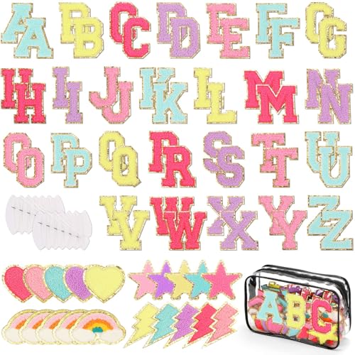 Iron on Chenille Letters Patches, 72 Pcs Self Adhesive Patches Alphabets 2.2 Inch Sew on Patches Varsity Initial Fabric Stickers Fuzzy Towel Embroidered Patches for Clothing Caps