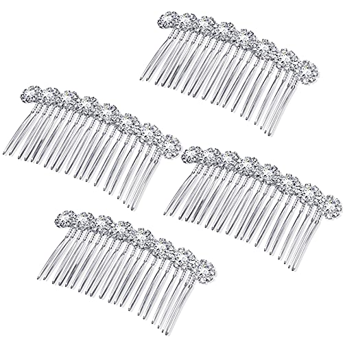 Geosar 4 Pieces Alloy Rhinestone Side Hair Combs Crystal Flower Clips Wedding Comb Bridal Jewelry Clips Combs French Hair Accessories for Women(Silver)