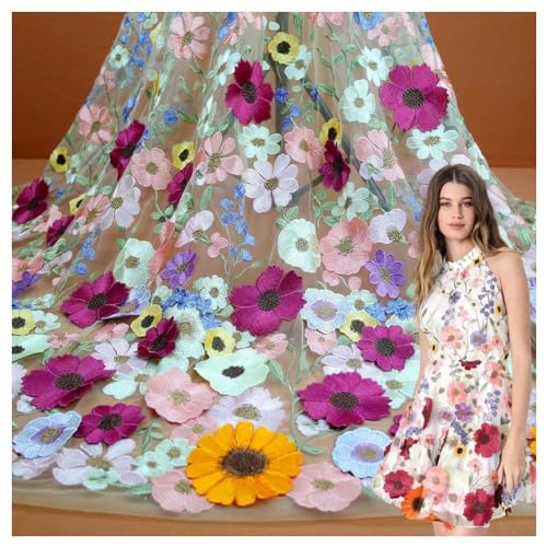 Primst 51.2" Width Flower Colorful Embroidered Lace Trim 3D Appliqué Embroidery Lace Fabric for DIY Handmade Clothing Evening Dress Home Decoration (White)