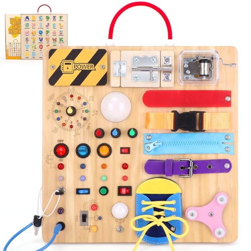 23 in 1 Busy Board Montessori Toys for 1-3 Year Old Wooden Learning Educational Toys for Toddlers with 15 Switches, 26 LED Lights, Music Boxes, Locks,Zippers Toddler Sensory Toys for Soothing A Baby