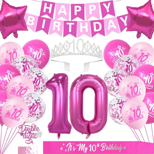 10th Birthday Decorations for Girl, Hot Pink Glitter Double Digits Birthday Cake Topper and Sash, Happy Birthday Banner, Silver 10th Birthday Crown, NO.10 Birthday Foil Balloons, Latex Balloons