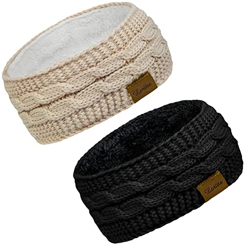 Loritta 2 Pack Headbands for Women Winter Warm Cable Knit Ear Warmer Thick Head Wrap Fuzzy Fleece Lined Gifts,Solid Color Black+Beige