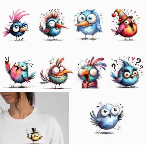 AMONEYLS 10pcs Small Size Cute Birds Dtf Transfers Ready to Press Iron On Decals Heat Transfer Patches for Clothing Washable Birds Heat Press Decoration Applique Decal