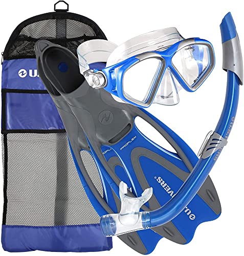 U.S. Divers Cozumel DX Seabreeze Adult Snorkeling Combo Set with Adjustable Mask, Snorkel, and X-Small Fins (Men's 3.5-5/Women's 5-6.5), Blue