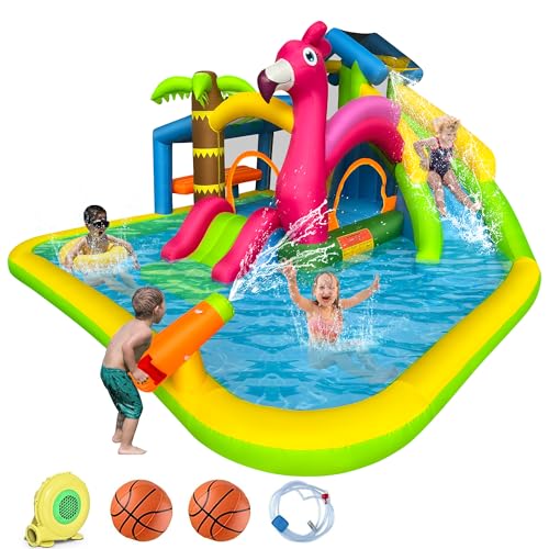 RETRO JUMP Inflatable Water Slide,Flamingo Water Park Bouncy Castle,9 in 1 Waterslides with Climbing Wall,Splash Pool,Toy Market Stand, Bounce Area,Water Cannon,Basketball Rim,Sprinkler and Blower