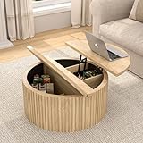 Fsbecl Lift Top Coffee Table with Storage, Round Coffee Tables for Living Room, 34.6'' Farmhouse Fluted Coffee Table, Wood Center Table with Large Hiddern Storage Compartment (Wood Color)