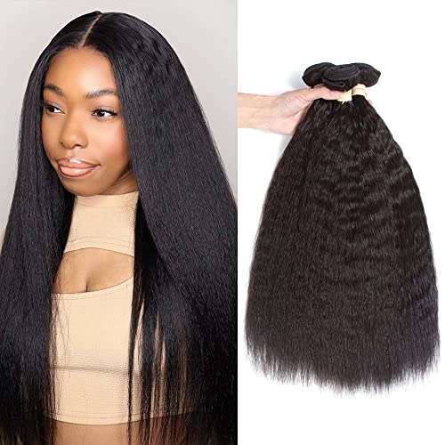 Kerriana Kinky Straight Bundles Human Hair, 24 26 28 Inch Long Hair Weave Human Hair Bundles 100% 3pcs Raw Bundles Kinky Straight