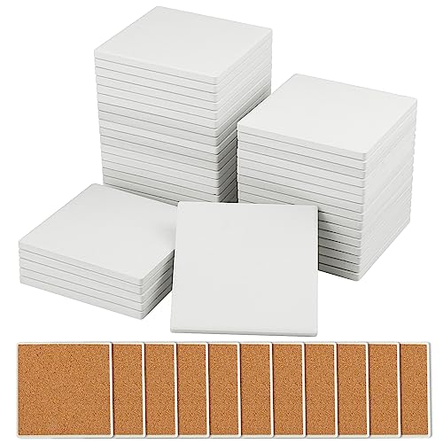 60 Pieces 4 Inch Blank Ceramic Coasters, Unglazed Ceramic Tiles Coasters, Ceramic Tiles with Cork Backing Pads for Painting, DIY Crafts, Mosaics, Square, White.by GNIEMCKIN