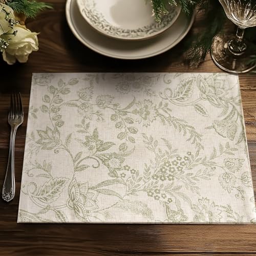 JINCHAN Linen Floral Fall Placemats Set of 4 Cloth Table Mats Rustic Cottagecore Botanical Outdoor Seasonal for Kitchen Dining Home Decor Holiday Non-Slip Washable Tablemats 13x19 Inch Green