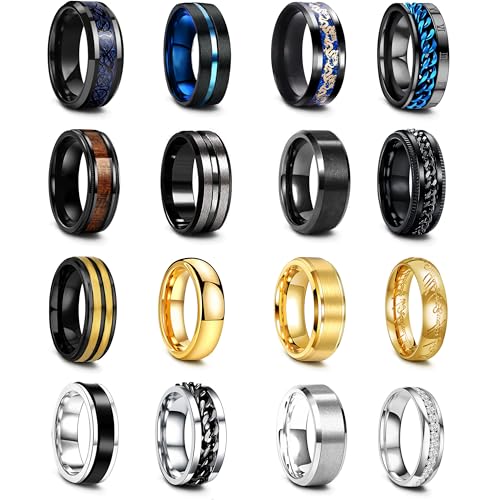 EIELO 16Pcs Stainless Steel Band Rings for Men Cool Black Gold Silver Plated Rings Comfort Fit Fidget Spinning Chain Ring Fashion Simple Mens Wedding Engagement Ring Set 10