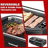 Indoor Grill, Techwood 1500W Smokeless Electric Grill with 2 in1 Nonstick Grill/Griddle Plates, Portable Korean BBQ Grill with 6-Level Control, Glass Lid, Dishwasher Safe, Double Plates, Black