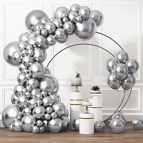 RUBFAC Silver Balloons Different Sizes 105pcs 5/10/12/18 Inch Metallic Silver Balloon Garland for Happy New Year Decorations Birthday Wedding Baby Shower Party Decorations
