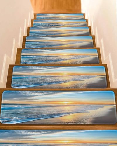 15Pack Non Slip Stair Treads for Wooden Steps Summer Sea Beach Sunset Scenery Indoor Washable Pads Self Adhesive Stair Runner Carpets, Blue Sky Ocean Waves Step Tread Rugs for Elders,Kids,Pets,8x30IN