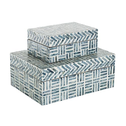 Deco 79 Mother of Pearl Shell Geometric Handmade Decorative Box Mosaic Storage Decorative Keepsake Box with Cream Underlay, Set of 2 Storage Box 12", 8"W, Blue