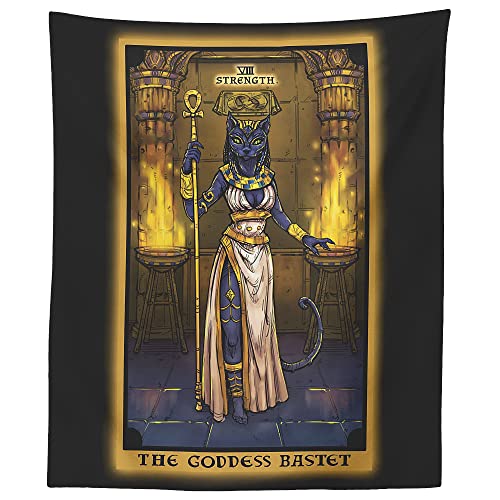 The Goddess Bastet Strength Tarot Card Tapestry - Egyptian Cat Goddess Bast Pagan Witch Wall Hanging Home Decor (60" x 50")