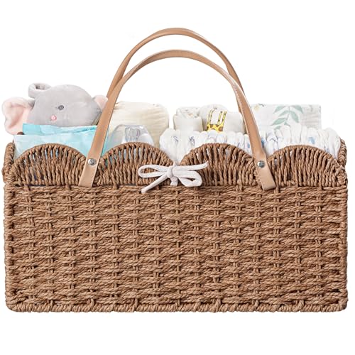 HBlife Large Baby Diaper Caddy, Paper Rope Storage Baskets Nursery Bin with Removable Divider, Portable Car Organizer for Diapers, Baby Shower Gifts, Newborn Essentials Must Haves