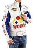 Spazeup mens White Patches Leather Racing Biker Coat, Faux Leather, Small