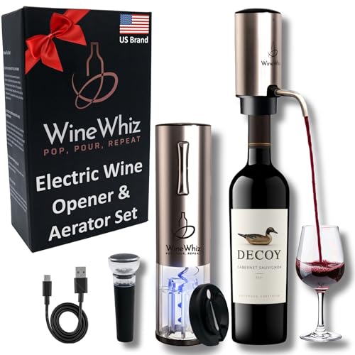 Electric Wine Aerator & Opener Set by WineWhiz with Wine Accessories (Rechargeable Stainless Steel Corkscrew, Dispenser, Foil Cutter Tool, Stopper), Ideal Gift for Housewarming, Birthdays, Arthritis