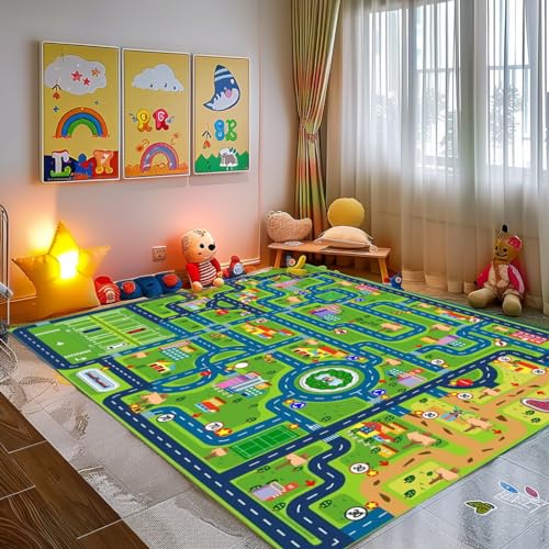 Car Rug Play Mat,Road Rug Kid Play Mat,Playroom Toy Car Mat, Kids Carpet City Map for Bedroom Classroom,Extra Large Thick (78.7X59 Inch)