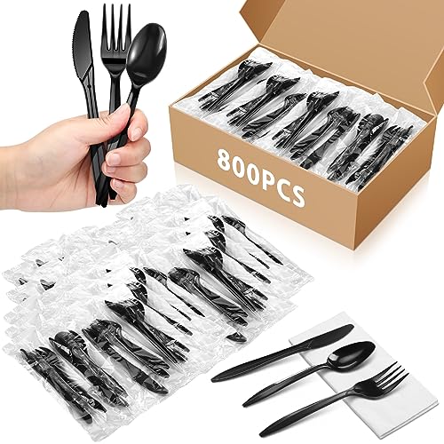 Uiifan 800 Pcs Plastic Silverware Individually Wrapped Plastic Cutlery Bulk Disposable Black Knife Fork Spoon Napkin Sets Plastic Ware Utensils Set for Lounge Wedding Picnic BBQ Camping Party