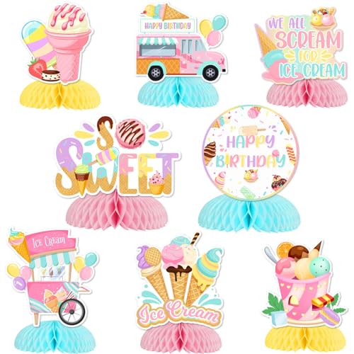 Jollyboom Ice Cream Honeycomb Centerpiece for Girls, Ice Cream Birthday Decoration We All Screamed for Ice Cream Double-sided Printing Honeycomb Centerpiece for Summer Ice Cream So Sweet Birthday