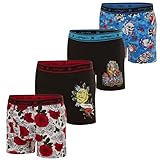 ED HARDY Men's Underwear Boxer Briefs - Comfortable, Breathable, Stylish Design 4 Pack, Roses, Skull, Mermaid, Large