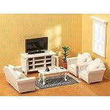 SAMCAMI Miniature Dollhouse Furniture 1 12 Scale - Wooden Dollhouse Furniture Set for Dollhouse Living Room - Doll House Furniture Incl Sofa, TV Cabinet, Coffee Table and Other Accessories (White)