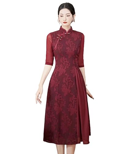 HEARTTOUCH Chinese Cheongsam Women Ao Dai Qipao Traditional Elegant Vintage Floral Embroidery Dress for Special Occasions (Red,Medium)