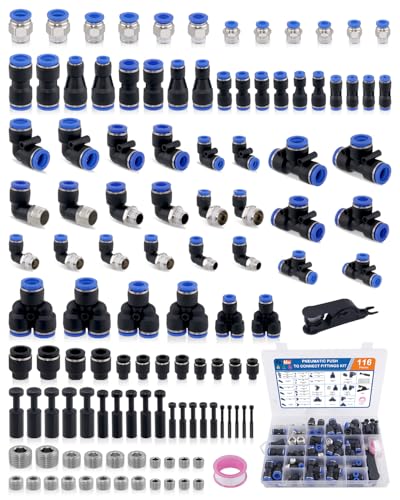 EilxMag 116PCS Quick Connect Air Hose Fitting Kit, 1/8" 1/4" 3/8" 1/2" Push to Connect Fittings Kit, Nylon Tubing Air Line Quick Release Pneumatic Connectors for Air Brake System or Fluid Transfer