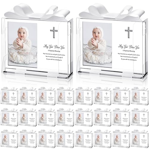 Vercraft 24 Set Baptism Picture Frame 3.5 x 5 Baby Shower Baptism Favor Christening Gifts for Boy Girl with Clear Plastic Crystal Boxes and Satin Ribbon Bows Set for Religious First Communion Decor