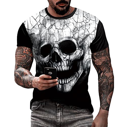 Eciodci Men's Halloween T-Shirts 3D White Skull Print T Shirts Halloween Party Horror Haunted Scene Short Sleeve Shirts