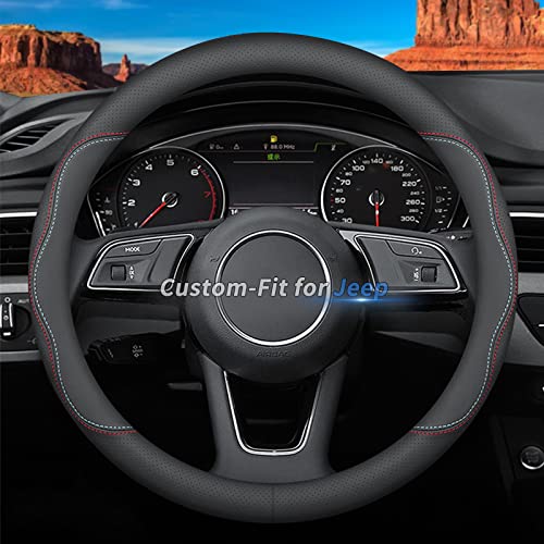 Deer Route Custom-Fit for Jeep Steering Wheel Cover, Premium Leather Car Steering Wheel Cover with Logo, Non-Slip, Breathable, for Jeep Accessories (A-Style,for Jeep)