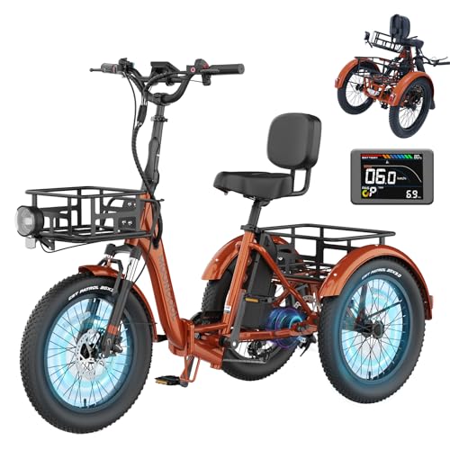 MOONCOOL Electric Tricycle for Adults, 500W/750W 48V 20" Folding Electric Trike Peak Power 1100W, 3 Wheels Electric Bicycle, Aluminum Frame Electric Tricycle with Large Basket and Removable Battery