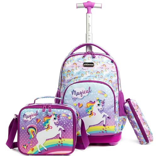 Egchescebo Kids Rolling Backpack for Girls Unicorn Childrens Luggage with Wheels Toddler Travel Suitcase Backpacks Girl Kid Lunch Bookbag Escolares Elementary Mochila con Ruedas para Niñas Purple