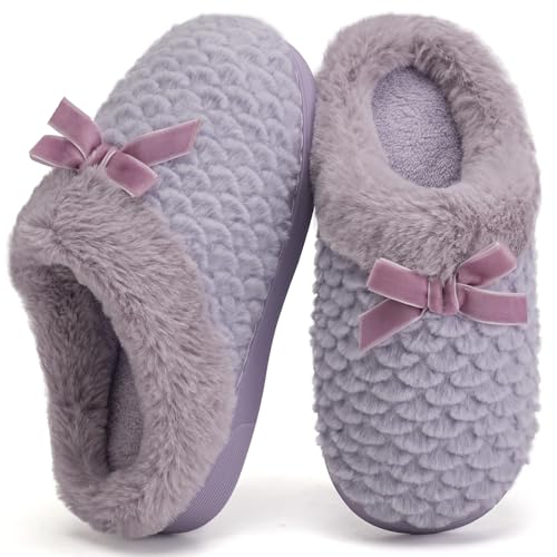 WateLves Girls Slippers Kids Slip On Winter House Shoes Anti-Slip Soft Coral Fleece Slipper for Indoor & Outdoor(Purple,30/31)