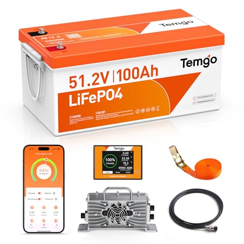TEMGO 48V (51.2V) 100Ah LiFePO4 Lithium Golf Cart Battery, Complete Upgrade Kit with Charger, LCD Display & App, Built-in 200A BMS, Max 10.24kW Power Output