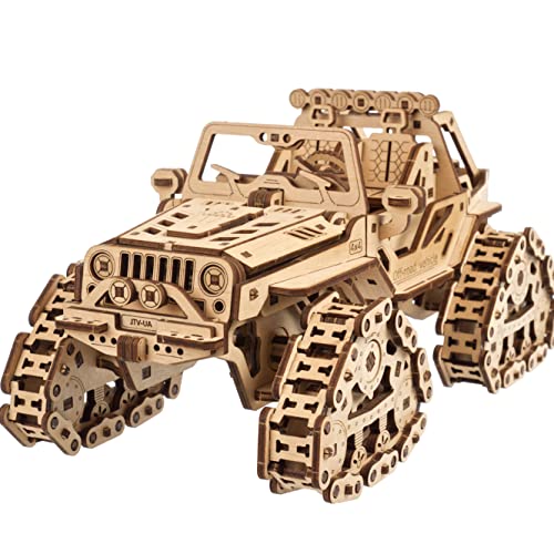 UGEARS Tracked Off-Road Vehicle - 4WD Model Vehicle Kits to Build - DIY 3D Car Model Puzzle with Spring Motor, 2 Driving Modes, Openable Hood with Engine - 3D Wooden Puzzles for Adults