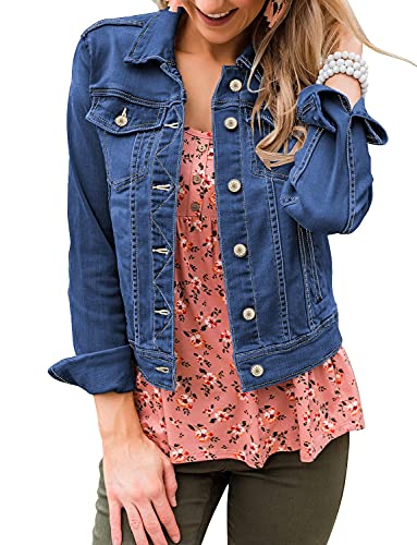 LookbookStore Blue Stretchy Denim Jacket Spring Classic Trucker Jackets Long Sleeves Button Down Jean Jackets Fall Outfits 2025 Size M Women Lightweight Jean Jackets Size 8 10