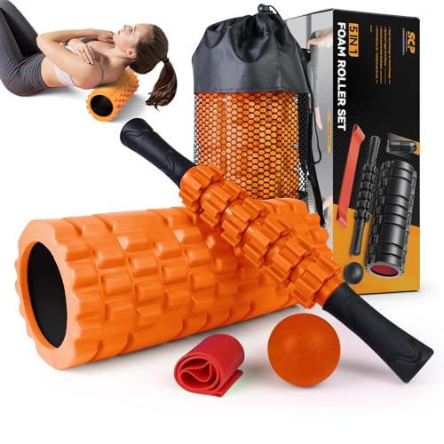 SUBCULTUREPICK 5 in1 Foam Roller Set, Trigger Point Foam Roller, Massage Roller Stick, Massage Ball, Resistance Band for Deep Muscle Massage Pilates Yoga,Fitness Exercise for Whole Body (Orange-Black)