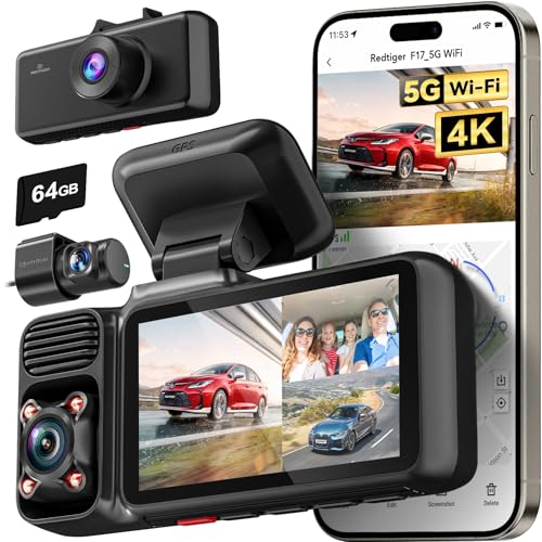 REDTIGER 4K 3 Channel Dash Cam, 5GHz WiFi Built-in GPS with 64GB Card, 2160P+1080P+1080P Front and Rear Inside, Triple Car Camera with 3 Inch Screen, IR Night Vision, G Sensor, WDR, Parking Mode(F17)