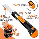 REXBETI 12-Pack Utility Knife, Retractable Box Cutter for Cartons, Cardboard and Boxes, 18mm Wider Razor Sharp Blade, Smooth Mechanism, Perfect for Office and Home use