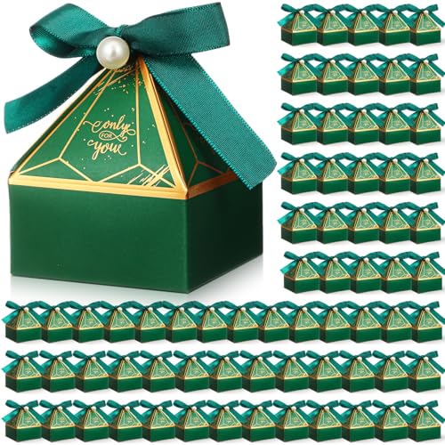 MotiMind 100 Pcs Wedding Candy Boxes Gem Tower Birthday Goodie Boxes Chocolate Treat Gift Boxes with Ribbons and Pearl Decoration for Wedding Bridal Shower Baby Shower Party Favors(Green)