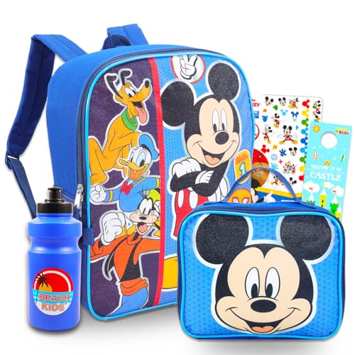 Mickey and Friends Backpack with Lunch Box for Kids Set - Bundle with Mickey Backpack, Mickey Lunch Bag, Tattoos, Water Bottle, More | Mickey Mouse Backpack for Boys, Girls