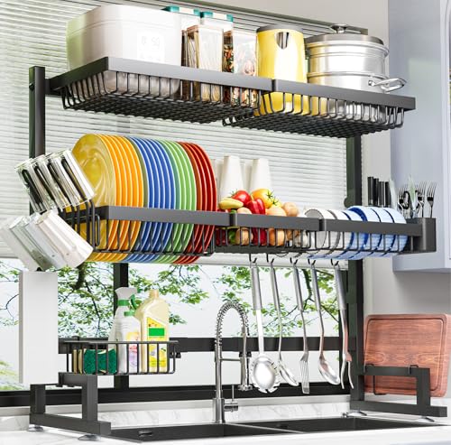 ADBIU Over The Sink Dish Drying Rack (Expandable Height and Length) Snap-On Design 2 Tier Large Dish Rack 31-39.4L x 12W x 34-38H inches