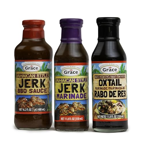 Grace Jamaican Style Marinades & BBQ Sauce Variety Pack - 3 Bottles - Jerk Marinade, Jerk BBQ Sauce & Oxtail Marinade