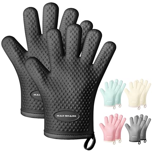 MAD SHARK Silicone Oven Mitts Heat Resistant 450 Degrees,Waterproof & Non-Slip Oven Gloves with Fingers,Cotton Lined Silicone Oven Gloves Kitchen Mitts for Baking Cooking Barbecue,Women,Oven(Black)