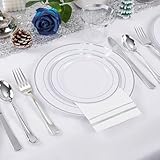 GATHER 700PCS Silver Plastic Plates - Silver Plates Set 100Guest - Disposable Dinnerware Plates 100Silver Rim Dinner Plates 100Silver Dessert Plates 100Paper Napkins&Cups&silver Plastic Silverware Set