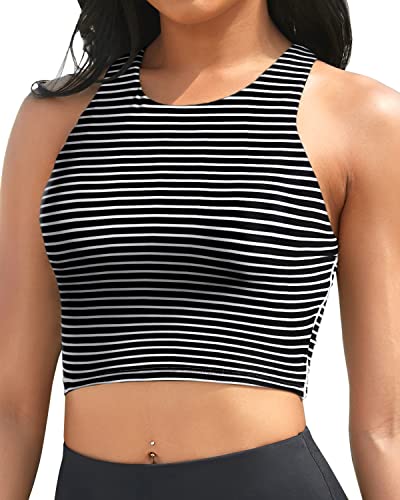 Yonique Women Bikini Top Only Crop Swim Top Longline Swimsuit Tops High Neck Bathing Suit Top Black and White Stripes Medium