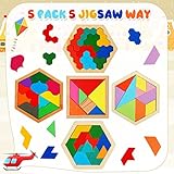 5 Pack Wooden Tangram Puzzle for Kids Wooden Hexagon Puzzle Block Teaser Geometric Shapes Tangram Games for Jigsaw 3D Logic IQ Game Gift(Geometry)